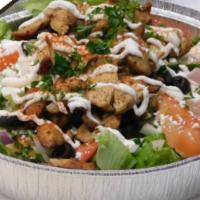 Chicken Salad · Lettuce, tomatoes, cucumbers, onions, black olives and feta cheese, choice of dressing.