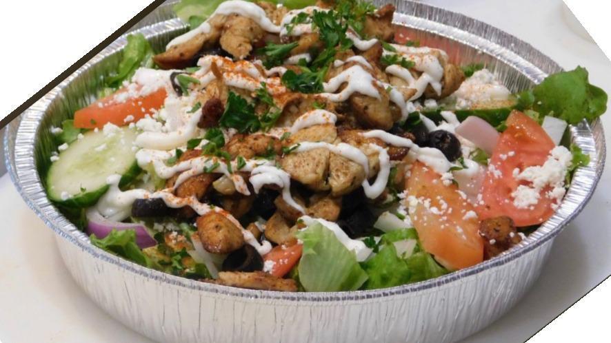 Chicken Salad · Lettuce, tomatoes, cucumbers, onions, black olives and feta cheese, choice of dressing.