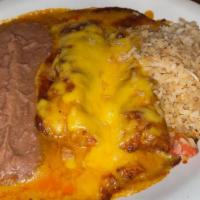 Enchilada Dinner · Two cheese enchiladas, served with rice and beans.