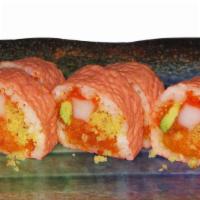 Pink Lady Roll · Spicy salmon, crabmeat, avocado, crunch wrapped with pink soy paper.