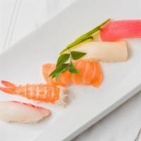 5 Kind Of Sushi · Tuna, yellowtail, salmon, shrimp, and white fish.