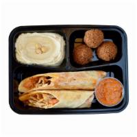 Chef'S Choice Platter With Drink · A platter with one wrap of choice (cut in ½), two sides (hummus and falafel), and one side s...