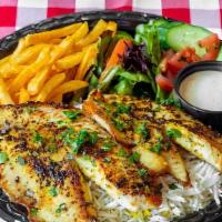 Grilled Tilapia · Two pieces of grilled tilapia marinated in our special recipe.