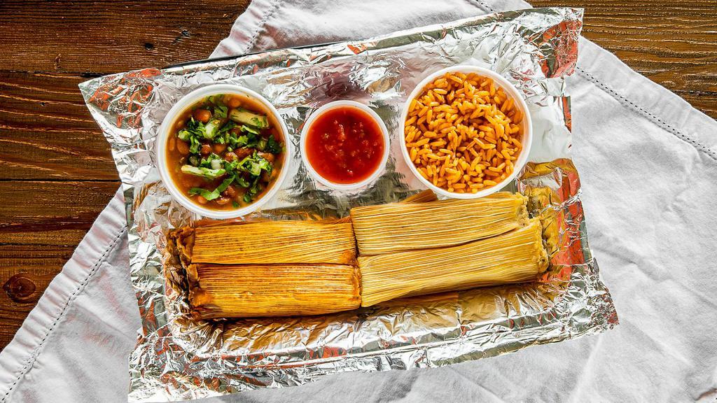 Tamale Plate (4) · Your choice of the following tamales: pork, beef, hatch pork, chicken, habanero pork, or black bean – 4  tamales served with your choice of refried beans, charro beans, or black beans and rice.