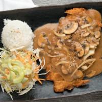 Ton (Pork) Katsu · Rice, panko-crusted pork, mushrooms, onions, cabbages and house brown sauce.