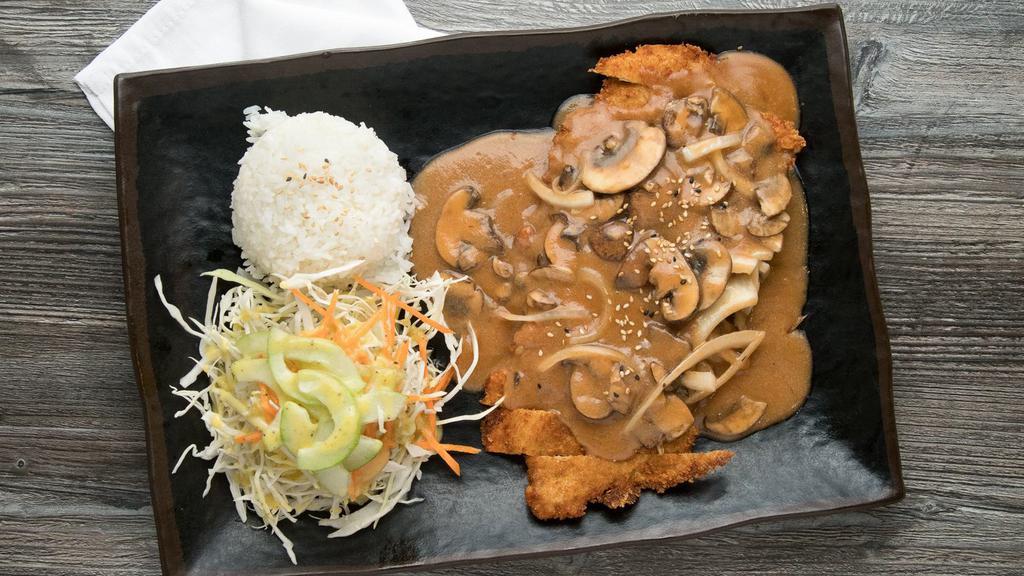 Chicken Katsu · Rice, panko-crusted chicken, mushrooms, onions, cabbages and house brown sauce.