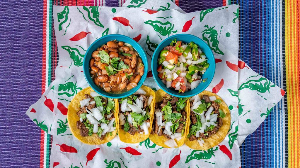 Plaza Tacos  (4 Mini Tacos) · Choice of diced steak asada or shredded chicken guisado on corn tortillas add cilantro add onions salsa included on side red or green.