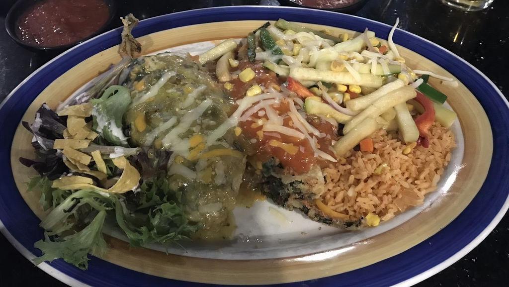 Rellenos · Jack cheese, chicken, or beef – two stuffed poblano peppers lightly battered and fried. Topped with your choice of sauce and served with Mexican rice and refried beans. Substitute fajita steak or chicken.