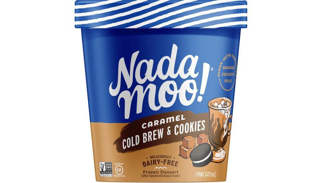 Nadamoo! - Caramel Cold Brew & Cookies 16 Oz · Combines the flavors of cold brew coffee, silky smooth caramel, and chocolate cookie chunks.
