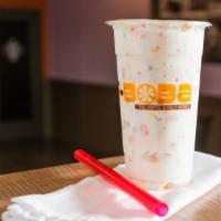 Fruity Pebbles Smoothie · Vanilla and Fruity Pebbles cereal with non-dairy cream and blend on ice.
