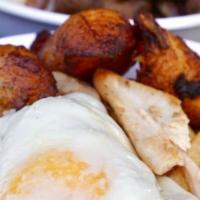 A Lo Pobre Bowl · Pulled Rotisserie Chicken, white rice, sweet plantain, French fries,  fried egg and green on...