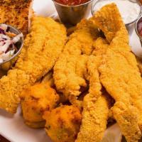Togo Fried Catfish Plate · Served with Fries, Hush Puppies, Cole Slaw and Garlic Bread.