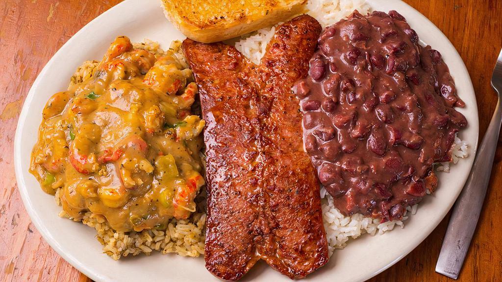 Togo French Quarter Plate · A combination of Red Beans and Rice, Crawfish Etouffee and a Garlic Smoked Sausage Link. Add a Shrimp Skewer for $5.