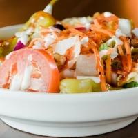 Tossed Salad (Side) · Romaine lettuce, tomatoes, shredded carrots, onion, banana peppers, pepperoncini, cucumbers,...