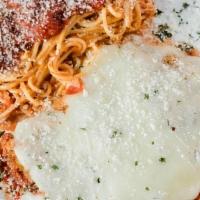 Chicken Parmesan With Spaghetti · Baked breaded chicken with Italian seasonings topped with marinara and mozzarella cheese. Se...