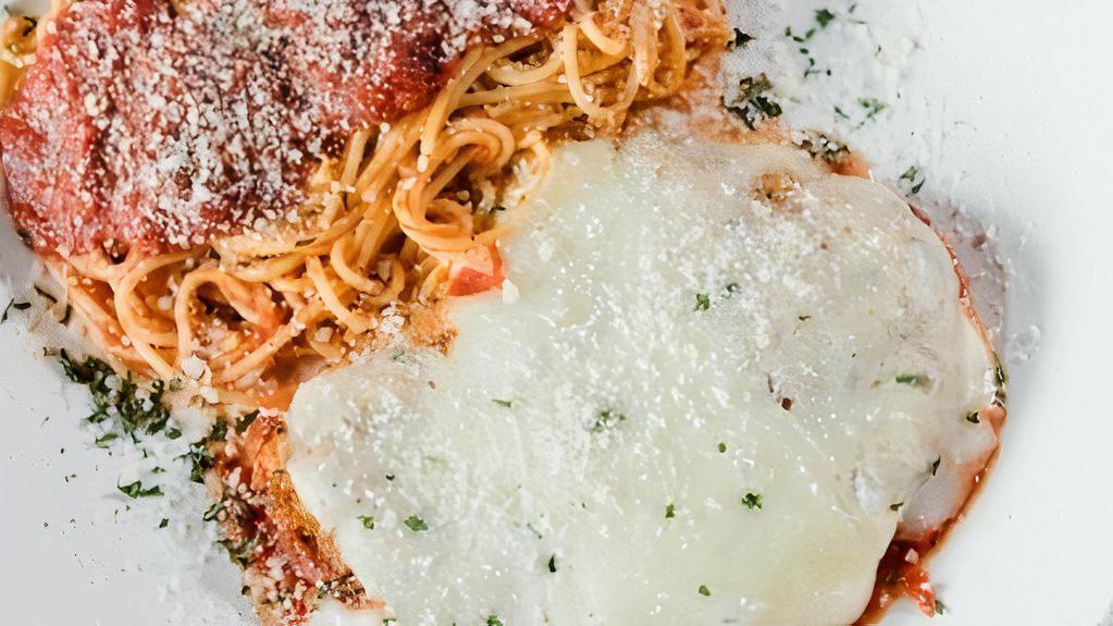 Chicken Parmesan With Spaghetti · Baked breaded chicken with Italian seasonings topped with marinara and mozzarella cheese. Served with a side of spaghetti with marinara.
