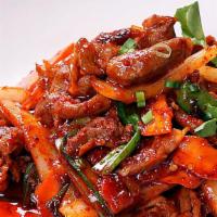 Spicy Pork (Stir-Fried) · Stir-fried pork, carrots, onion, green onion and zucchini in Korean spicy sauce called 