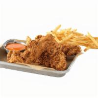 3 Hand-Breaded Tenders + Fries · HAND-BREADED CHICKEN TENDERS / CHOICE OF SAUCE OR DRY SEASONING / NATURAL-CUT FRENCH FRIES