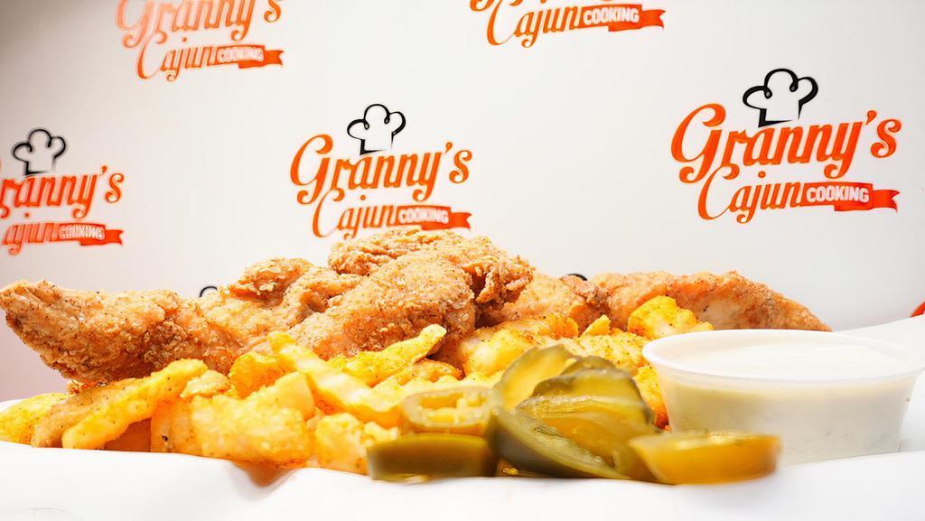 8Pc Chicken Strip Basket · Juicy Fried Chicken Tenders Seasoned with Granny's Cajun Seasoning Blend. Served with Fries and homemade jalapeno Ranch Dressing