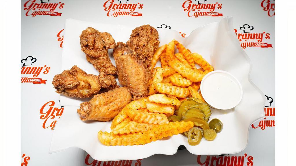 6Pc Granny'S Wing Basket · Granny's Jumbo Wings flavored in your choice Cajun Fried, Lemon Pepper, Hot, BBQ, or Granny’s Cajun Sweet & Spicy