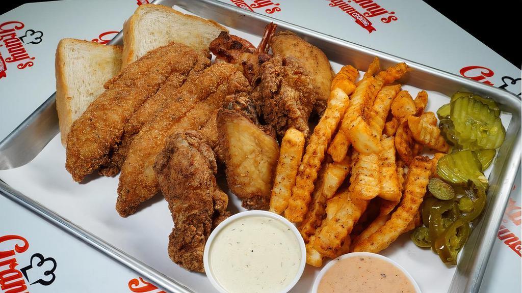2Pc Fish, 2Pc Shrimp & 4Pc Wings · 100% Real Catfish, Shrimp and Wings ( Cajun Fried, Lemon Pepper, Hot, BBQ, or Granny’s Cajun Sweet & Spicy ). Served with Texas Toast, Fries , homemade jalapeno Dressing and homemade Tartar Sauce