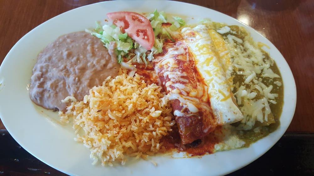Enchiladas Mexico · Melted queso enchilada topped with tomatillo sauce, shredded chicken enchilada topped with sour cream sauce and ground beef enchilada topped with red sauce served with Spanish rice and black beans.