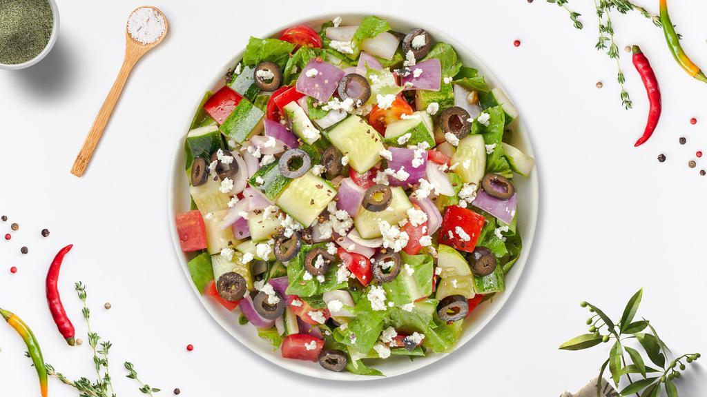 Greek Salad · (Vegetarian) Romaine lettuce, cucumbers, tomatoes, red onions, olives, and feta cheese tossed with your choice of dressing.