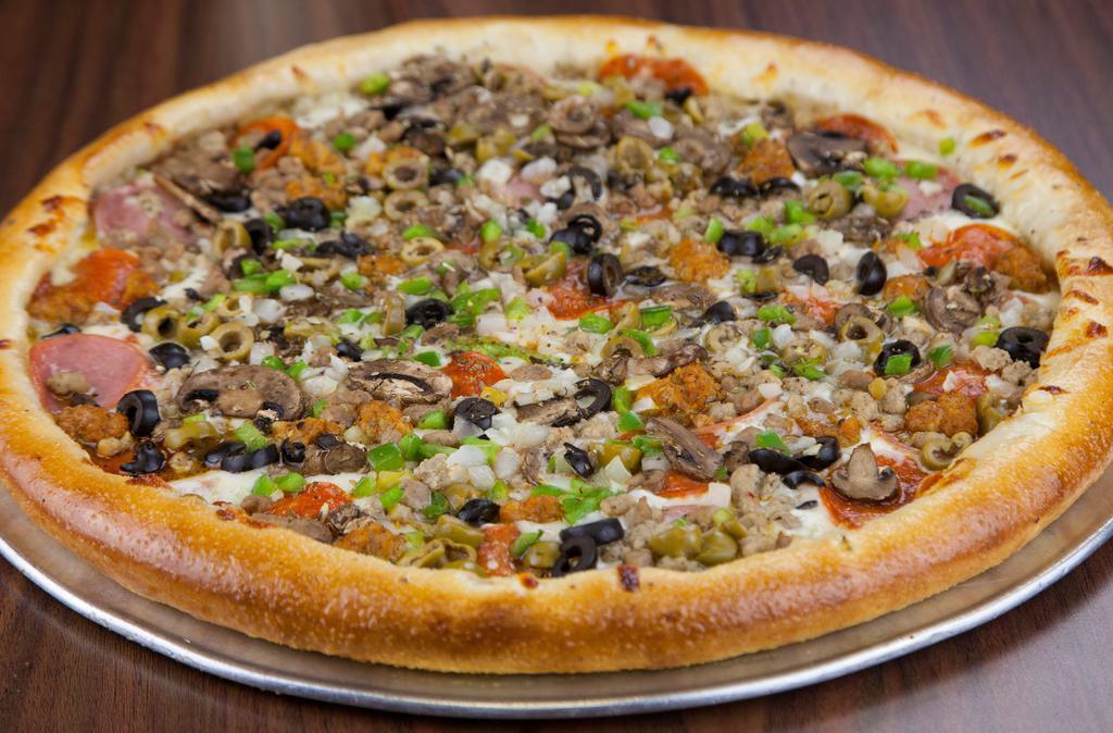 Combo Pizza · Most popular. Pizza with pepperoni, Canadian bacon, hamburger, Italian sausage, sausage, black olives, green olives, onion, green pepper, mushrooms.