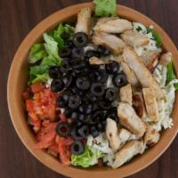 Grilled Chicken Salad · Lettuce, tomato, mozzarella cheese, and black olives.
