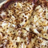 Hawain Pizza · Pizza sauce, Mozzarella cheese, Canadian bacon, pineapple, and cheese.
