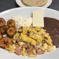 Con Jamon · Eggs(3), Beans, Plantains, Salvadorean Cheese, Salvadorean Sourcream, hand Made Tortillas(2)
