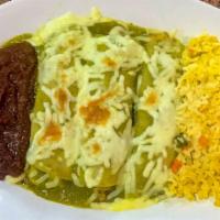 Enchiladas Verdes Half · server w/ rice and beans