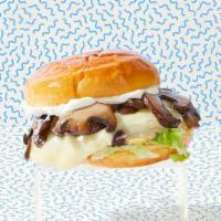 Smash Shroom Burger · Smash burger with mushrooms, swiss cheese, caramelized mushrooms, and mayo.