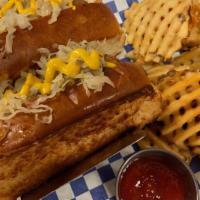 Double Dog Dare Ya · 2 Hot Dogs. Topped with Sauerkraut, Yellow Mustard and Served with Waffle Fries.