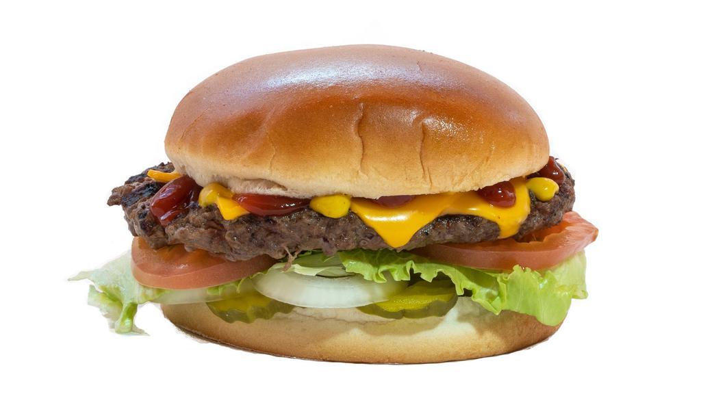 American Liberty · Beef patty, lettuce, tomato, onion, pickle, ketchup, mustard with American cheese.