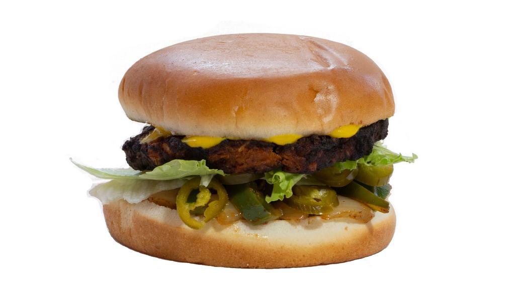 Yummy Health Texas (Veggie) · Our black bean veggie patty served with lettuce, tomato, sautéed onion and pepper, jalapeño, and mustard.