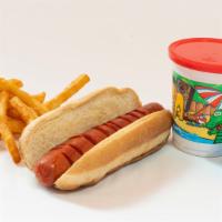 Kids Hot Dog · Kids Hot dog with French Fries , Soft drink and Toy.