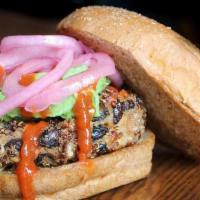 Vegabond · Plant based vegan patty made with in-house black beans, brown rice, chickpeas & quinoa, topp...