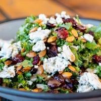 What The Kale · Kale & cabbage mix w/herbed goat cheese, dried cranberries and pumpkin seeds w/balsamic vina...