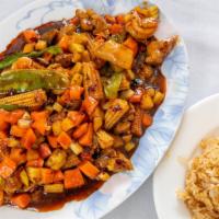 Chicken & Shrimp Szechuan · Chicken & Shrimp sauteùed w/ snow peas, baby corn, fresh mushroom, bamboo shoots, carrot and...