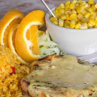 Grilled Orange Chicken · Grilled chicken breast topped with orange honey mustard & grand marnier sauce. Served with r...