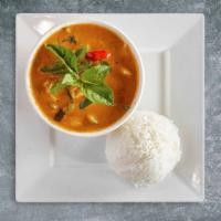 The Big Panang Theory · Panang curry chili paste simmered in coconut milk with bell peppers and basil.