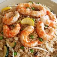 Vegan Shrimp Fried Rice · White rice stir-fried in soy sauce with green peas, carrots, bean sprouts, and mixed vegetab...
