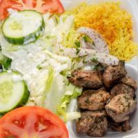 Lamb Kabob Plate · Cooked on a skewer.
