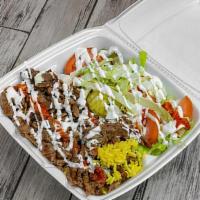 Gyros/ Rice · The famous NYC beef gyros platter.
