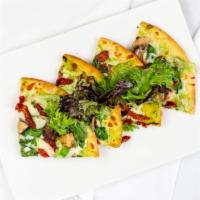 Veggie Flatbread · Sun ripened tomatoes, Bell peppers, Mushrooms, Mozzarella Cheese and Spinach bread