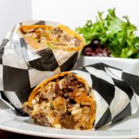 Beef Wrap · Ground beef, bell peppers, onions,black beans, pickled jalapeno, avocado, rice & provolone c...