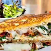 Veggie Grilled Cheese · Grilled tomatoes, bell peppers, mushrooms, spinach, mozzarella & spicy marinera