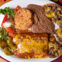 Denise'S Favorite · Four fajita nachos and two ground beef enchiladas. Served with sour cream, guacamole and jal...