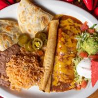 Tejanos Favorite · One cheese enchilada, one chicken flauta and two beef fajita quesadillas. Served with guacam...